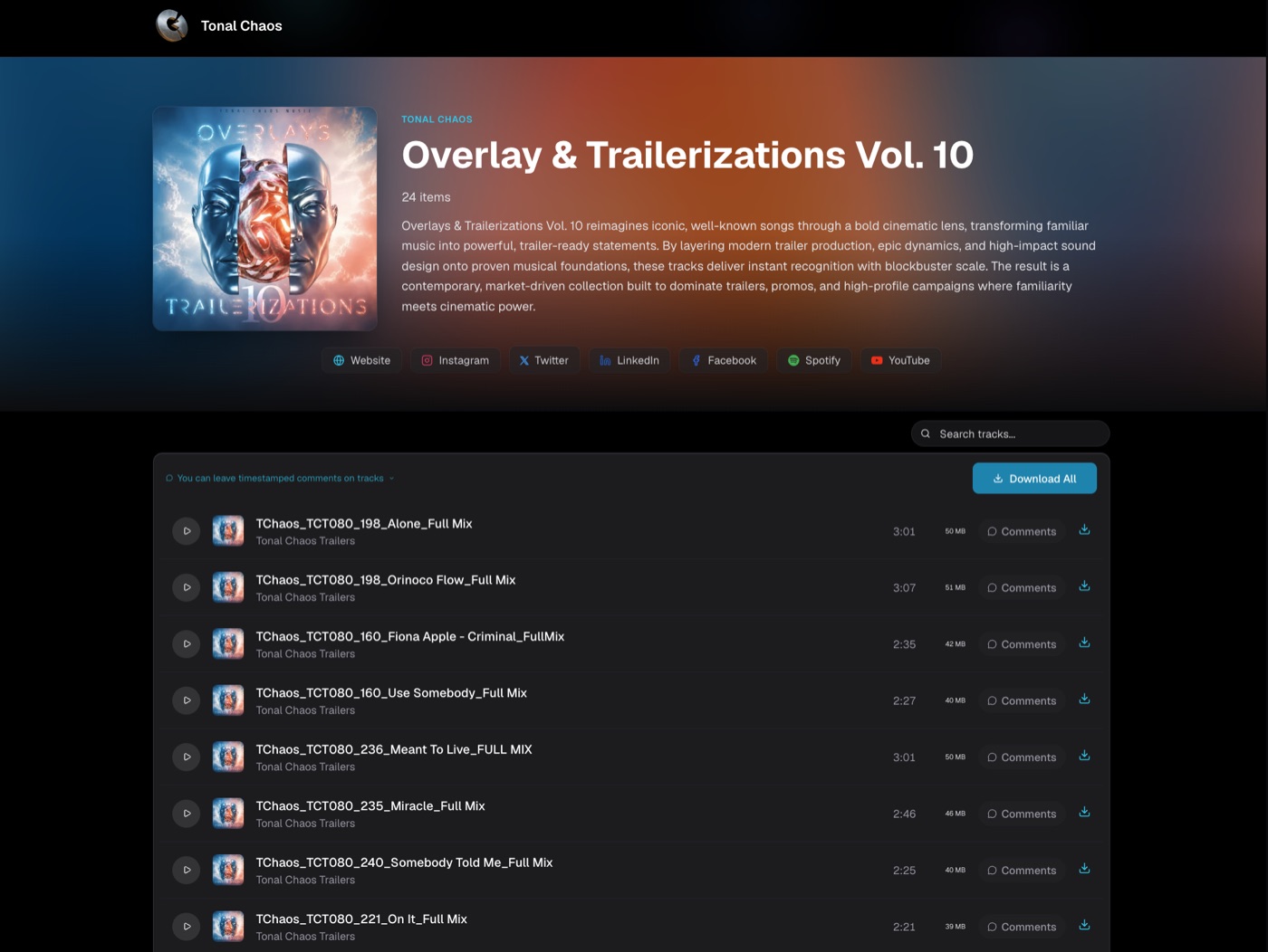 DropCue playlist view of a Tonal Chaos Trailers volume, showing tagged cues with durations, file sizes, and inline comments