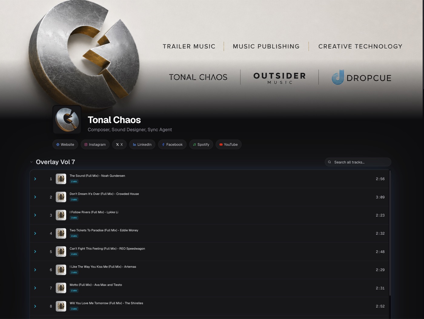 Tonal Chaos branded DropCue portfolio page with Trailer Music, Music Publishing, and Creative Technology divisions and a playlist of tracks
